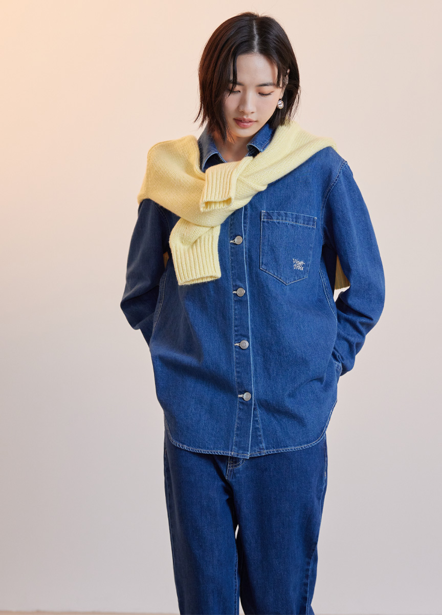 口袋刺繡牛仔襯衫